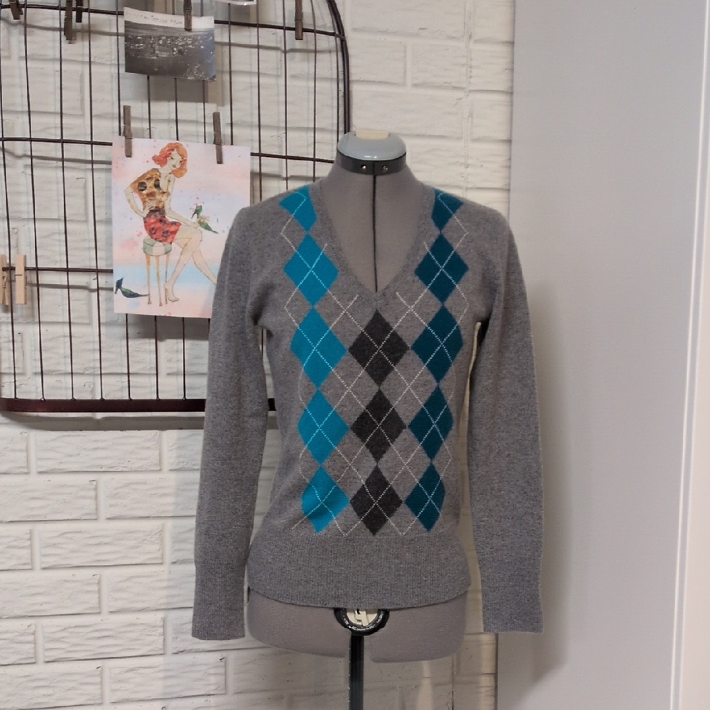 Apt. 9 Argyle Cashmere V-neck Sweater Size Small